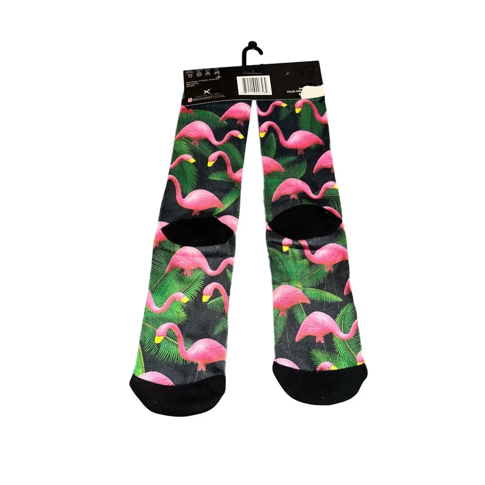 NWT Odd Sox Flamingo Tropical Palm Tree Crew Socks Mens Sizes 6-13‎ Pink Black